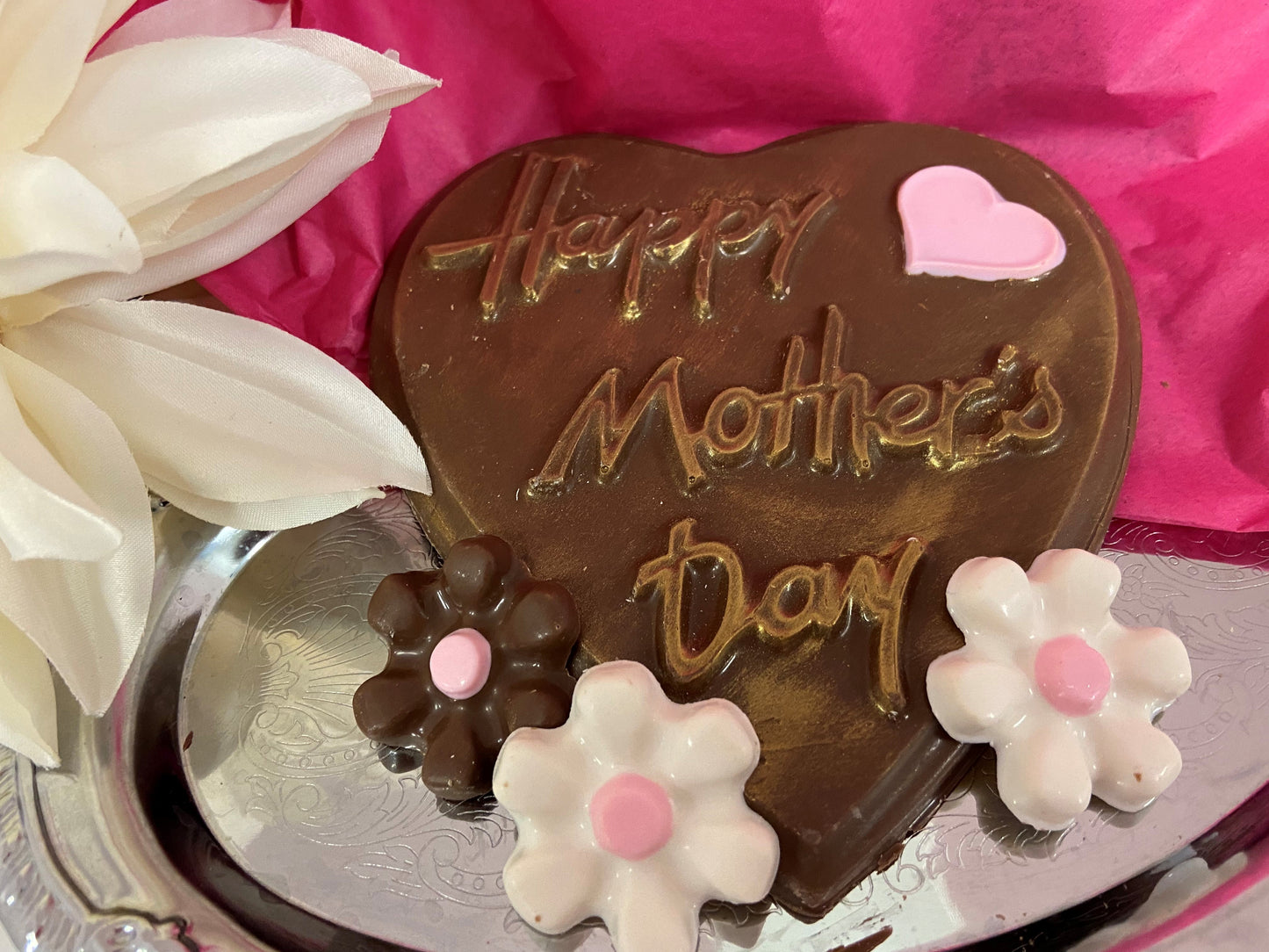 Mother's Day Solid Chocolate Heart with Daisies